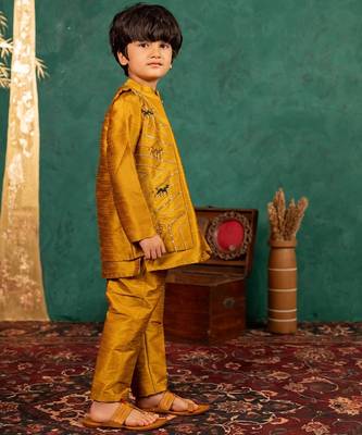 Boys mustard yellow silk kurta and pants with handwork acrylic bundi jacket 2