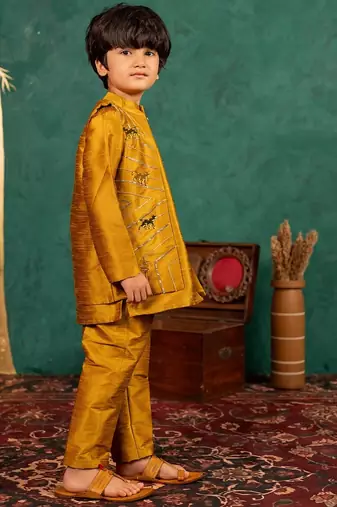 Boys mustard yellow silk kurta and pants with handwork acrylic bundi jacket