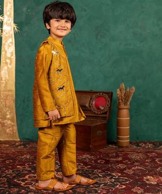 Boys mustard yellow silk kurta and pants with handwork acrylic bundi jacket 3