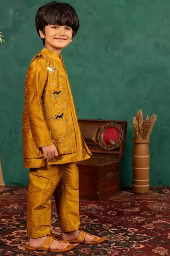 Boys mustard yellow silk kurta and pants with handwork acrylic bundi jacket