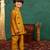 Boys mustard yellow silk kurta and pants with handwork acrylic bundi jacket
