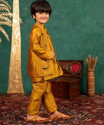 Boys mustard yellow silk kurta and pants with handwork acrylic bundi jacket 4