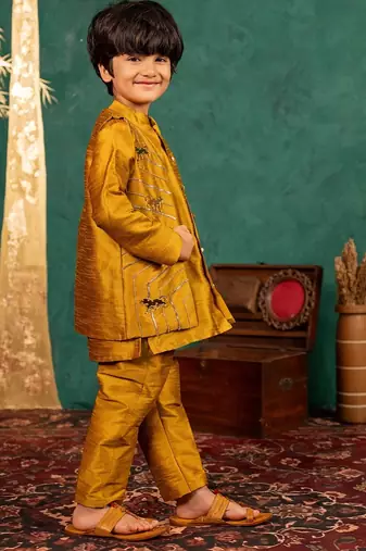 Boys mustard yellow silk kurta and pants with handwork acrylic bundi jacket