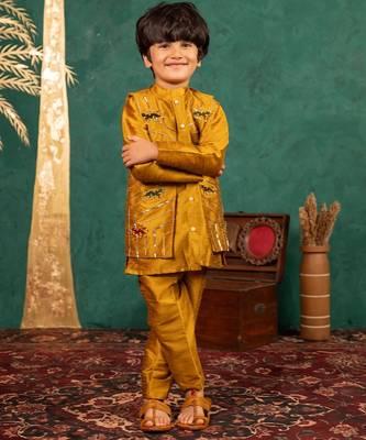 Boys mustard yellow silk kurta and pants with handwork acrylic bundi jacket 5