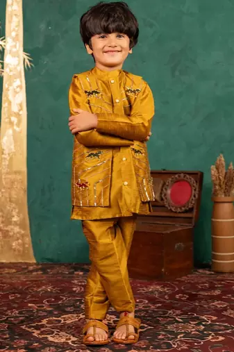Boys mustard yellow silk kurta and pants with handwork acrylic bundi jacket