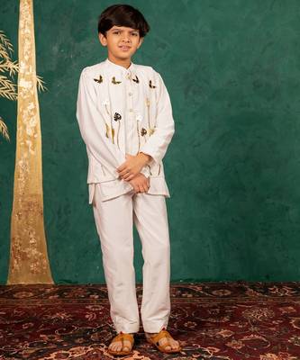 Boys white silk kurta and pants with handwork acrylic bundi jacket 1