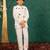 Boys white silk kurta and pants with handwork acrylic bundi jacket