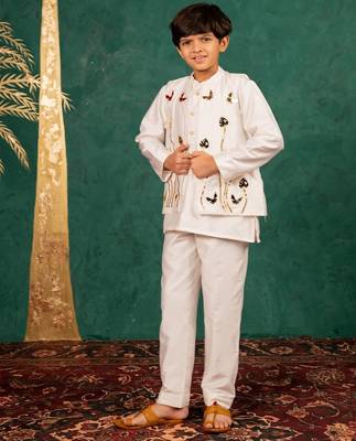 Boys white silk kurta and pants with handwork acrylic bundi jacket 2