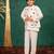 Boys white silk kurta and pants with handwork acrylic bundi jacket