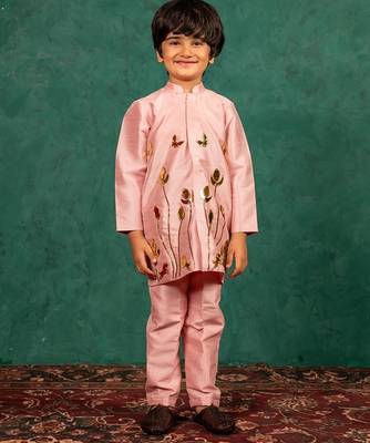 Boys light pink silk kurta and pants with handwork acrylic bundi jacket 1