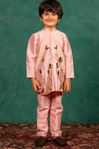 Boys light pink silk kurta and pants with handwork acrylic bundi jacket