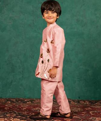 Boys light pink silk kurta and pants with handwork acrylic bundi jacket 2