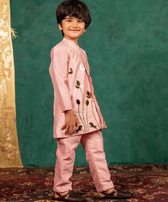 Boys light pink silk kurta and pants with handwork acrylic bundi jacket 3