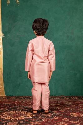 Boys light pink silk kurta and pants with handwork acrylic bundi jacket 4