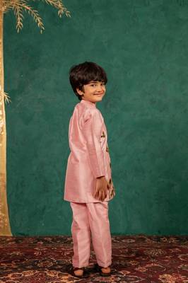 Boys light pink silk kurta and pants with handwork acrylic bundi jacket 5