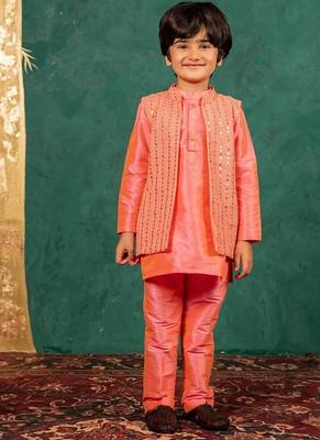 Boys bright salmon coloured kurta and pant with georgette mirror work bundi jacket 1