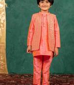 Boys bright salmon coloured kurta and pant with georgette mirror work bundi jacket