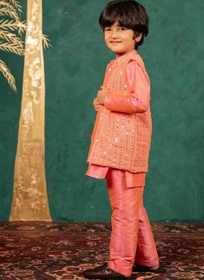 Boys bright salmon coloured kurta and pant with georgette mirror work bundi jacket 2