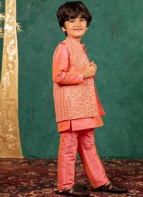 Boys bright salmon coloured kurta and pant with georgette mirror work bundi jacket 3