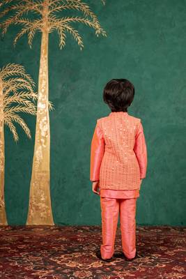 Boys bright salmon coloured kurta and pant with georgette mirror work bundi jacket 4