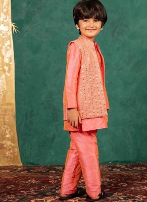 Boys bright salmon coloured kurta and pant with georgette mirror work bundi jacket 5