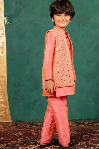 Boys bright salmon coloured kurta and pant with georgette mirror work bundi jacket
