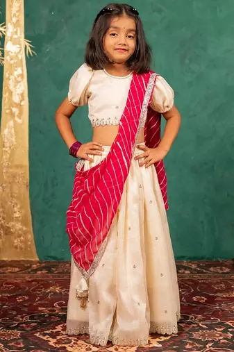 Girls fendy crush white top and  lehenga with georgette dupatta