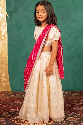 Girls fendy crush white top and  lehenga with georgette dupatta