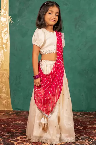Girls fendy crush white top and  lehenga with georgette dupatta