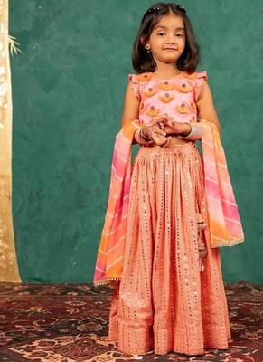 Girls pink salmon coloured mirror handworked top and mirror embroidered georgette lehenga with dupatta 1