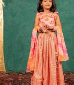 Girls pink salmon coloured mirror handworked top and mirror embroidered georgette lehenga with dupatta