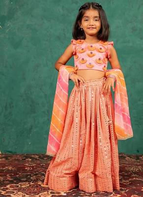 Girls pink salmon coloured mirror handworked top and mirror embroidered georgette lehenga with dupatta 2