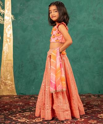 Girls pink salmon coloured mirror handworked top and mirror embroidered georgette lehenga with dupatta 3