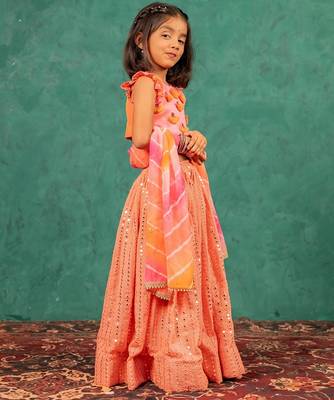 Girls pink salmon coloured mirror handworked top and mirror embroidered georgette lehenga with dupatta 4