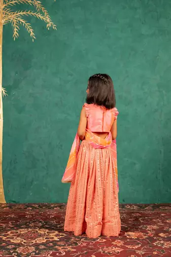Girls pink salmon coloured mirror handworked top and mirror embroidered georgette lehenga with dupatta