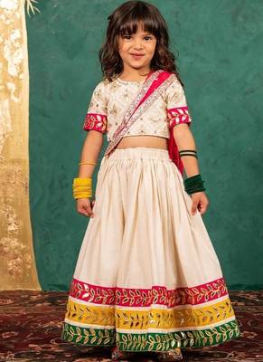Girls off-white elbow sleeve top and lehenga with georgette dupatta 3
