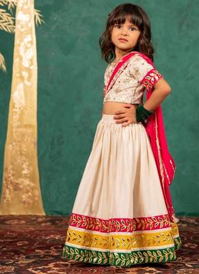 Girls off-white elbow sleeve top and lehenga with georgette dupatta 4