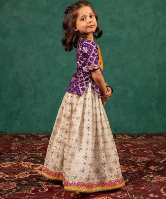 Girls handworked dark purple top and off-white lehenga 2