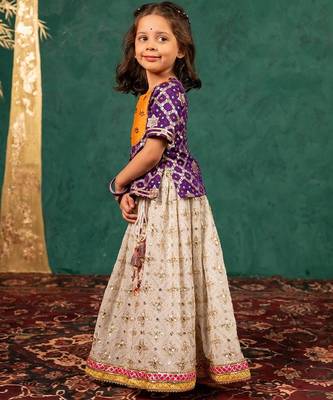 Girls handworked dark purple top and off-white lehenga 3