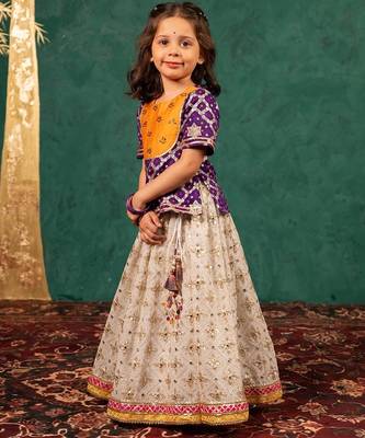 Girls handworked dark purple top and off-white lehenga 4
