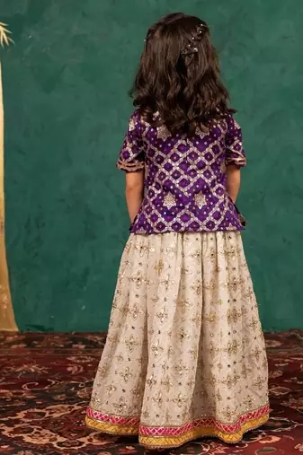 Girls handworked dark purple top and off-white lehenga