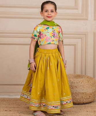 Girls poly digital printed and handworked top and cotton lurex yellow lehenga with dupatta 1