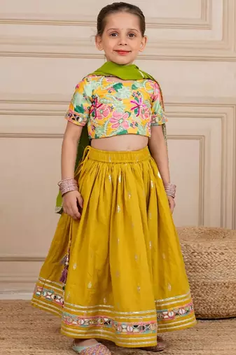 Girls poly digital printed and handworked top and cotton lurex yellow lehenga with dupatta