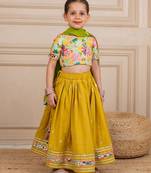 Girls poly digital printed and handworked top and cotton lurex yellow lehenga with dupatta