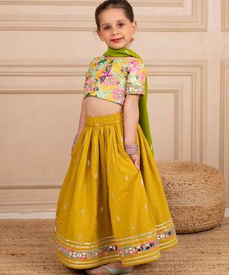 Girls poly digital printed and handworked top and cotton lurex yellow lehenga with dupatta 2