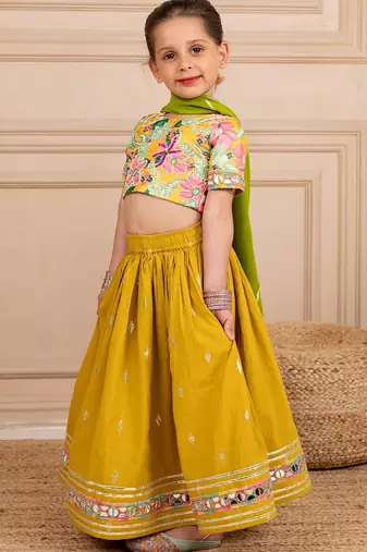 Girls poly digital printed and handworked top and cotton lurex yellow lehenga with dupatta