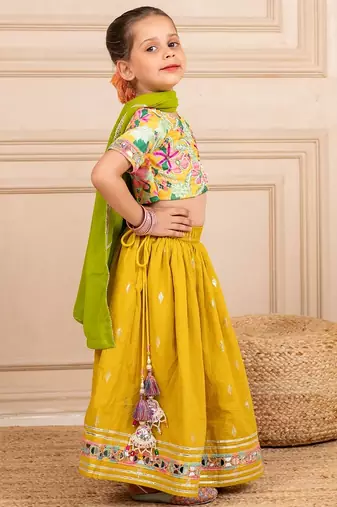 Girls poly digital printed and handworked top and cotton lurex yellow lehenga with dupatta