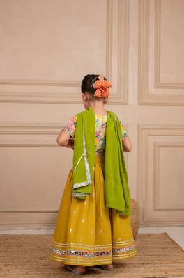 Girls poly digital printed and handworked top and cotton lurex yellow lehenga with dupatta 4