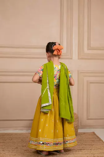 Girls poly digital printed and handworked top and cotton lurex yellow lehenga with dupatta
