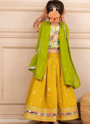 Girls poly digital printed and handworked top and cotton lurex yellow lehenga with dupatta 5